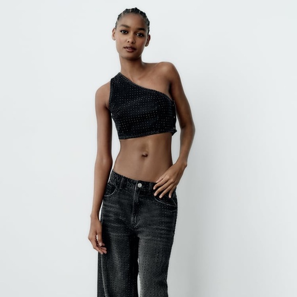 ZARA RHINESTONE TRF DENIM CROP TOP - Picture 5 of 10